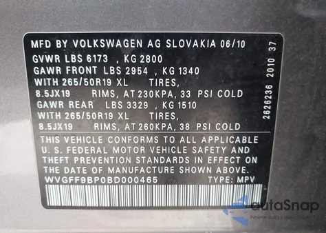 2011 Volkswagen Touareg Vr6 Lux из США, поврежденный, VIN WVGFF9BP0BD000465